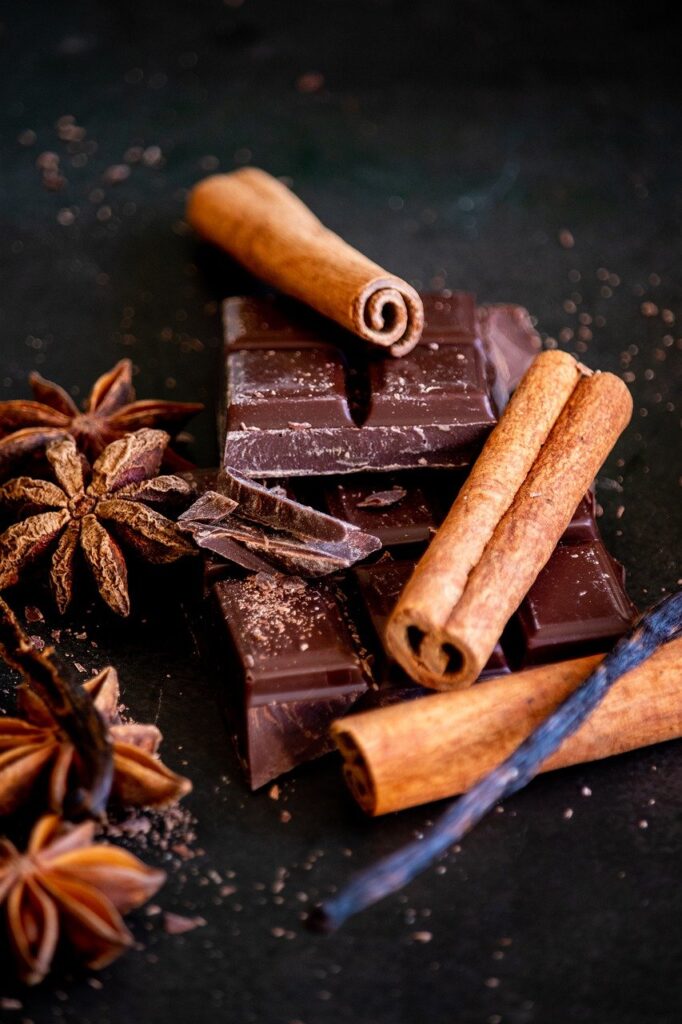 cinnamon sticks, chocolate, star anise