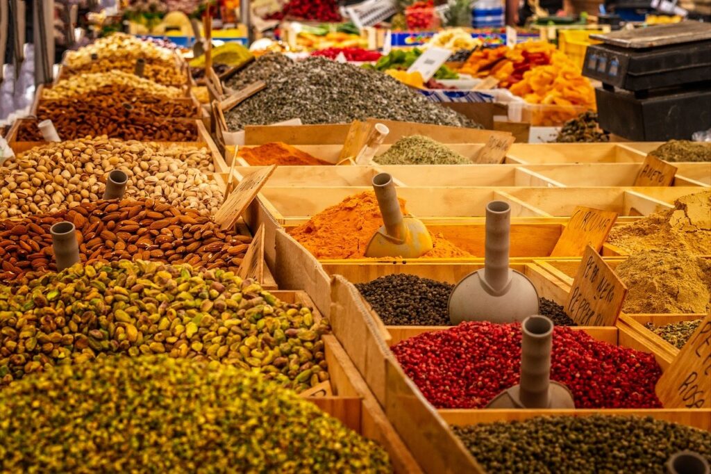 market, stand, spices